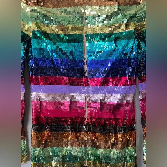 Mac Duggal 93724 Rainbow Sequin Multicolor Striped Long Sleeve Dress Size 2 NWT - Picture 6 of 16